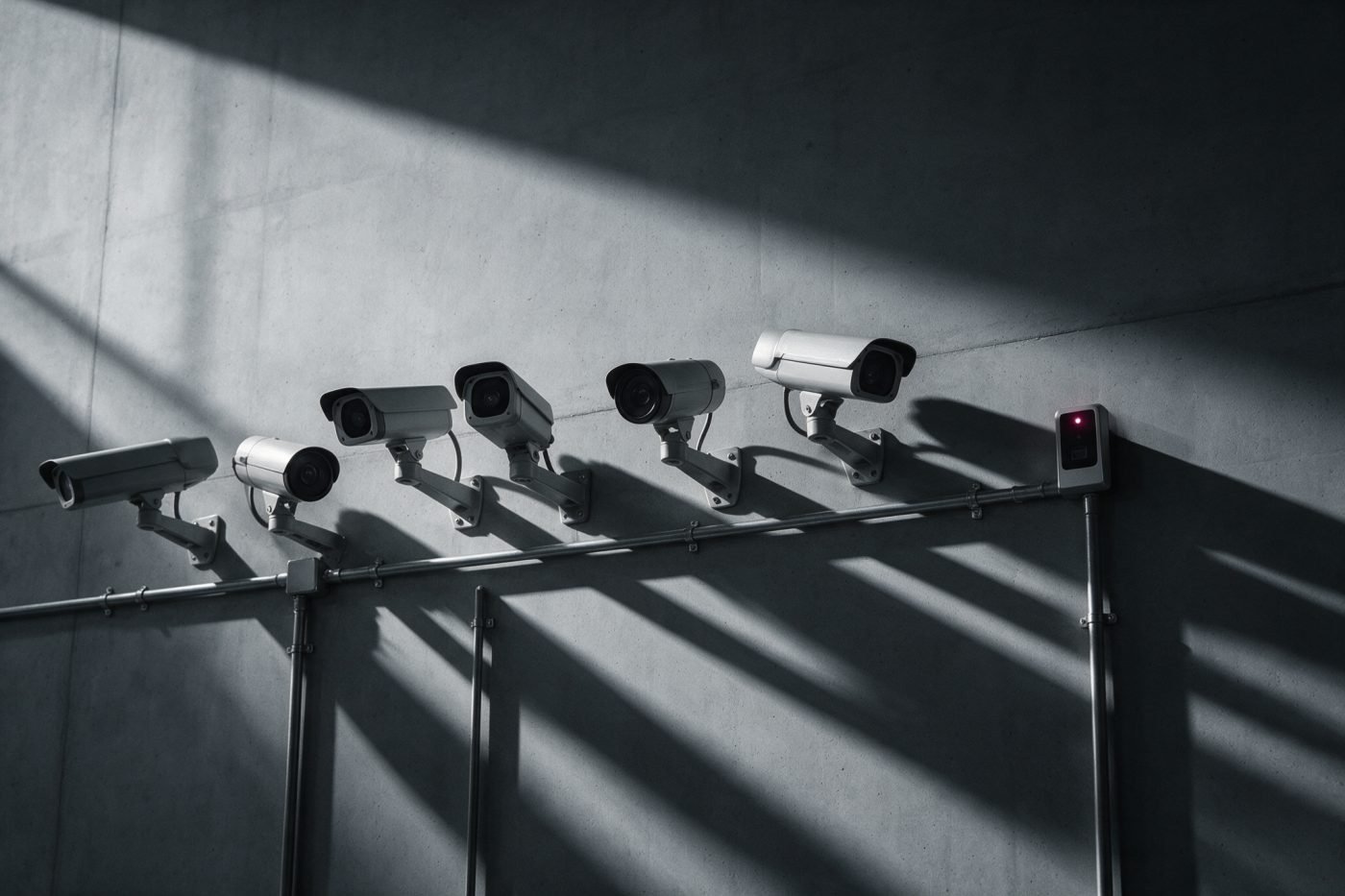 Array of surveillance cameras and a biometric access reader mounted on a concrete wall