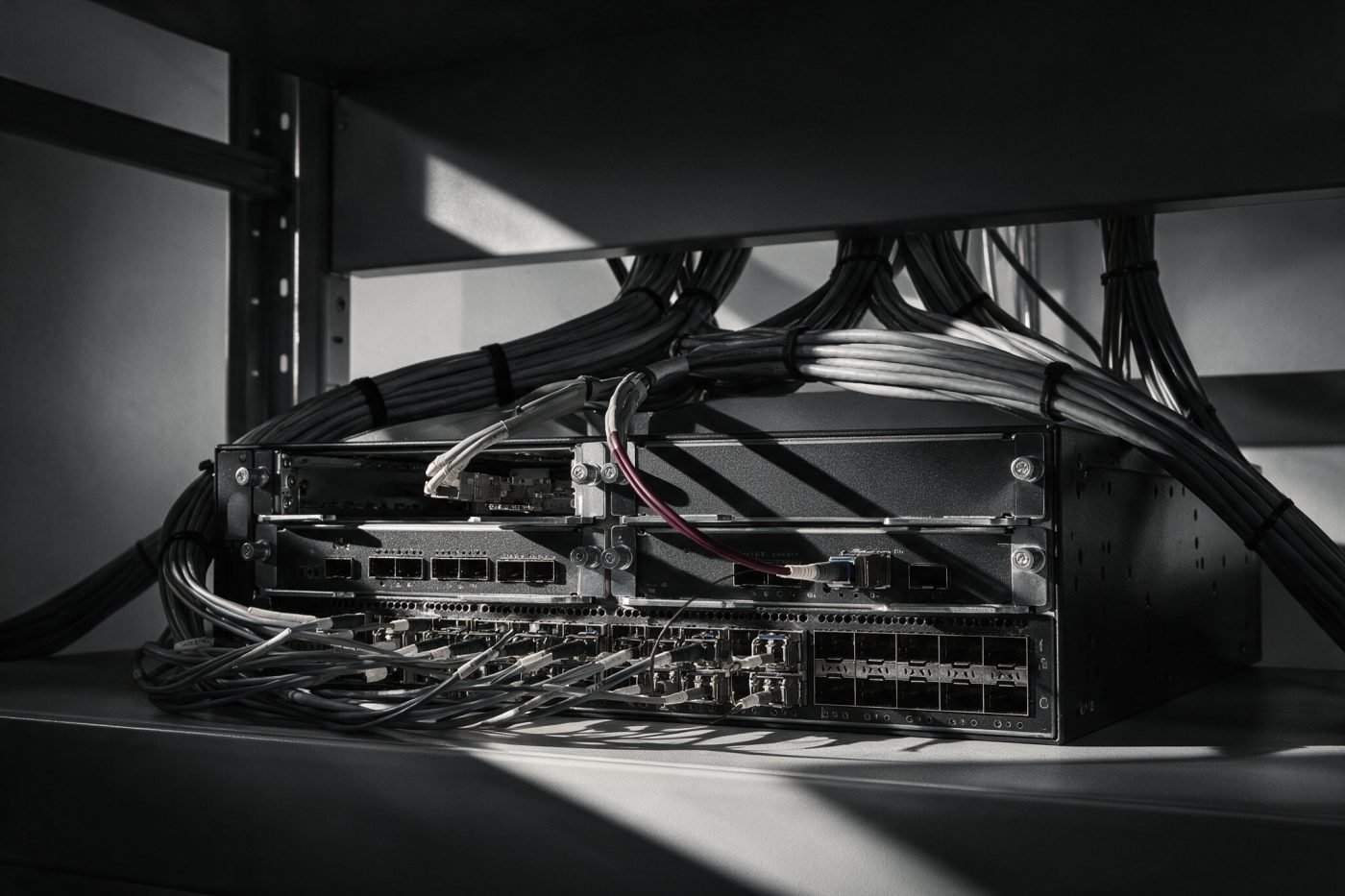 Core network switch chassis with line cards withdrawn and dense fibre transceiver ports