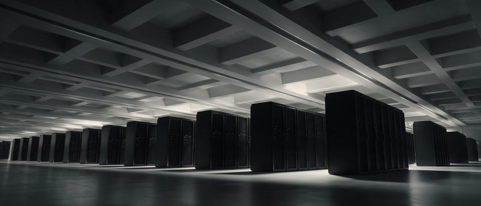 Datacenter consultancy UAE - Wide view inside an empty Tier IV data hall, long rows of black server cabinets receding under a coffered ceiling grid