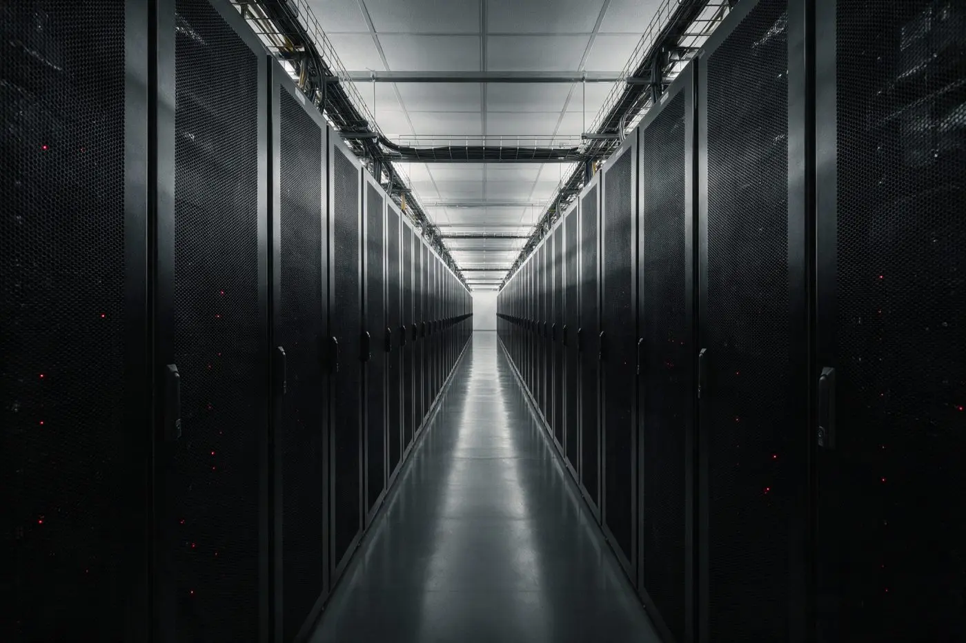 Datacenter cold aisle between rows of server cabinets