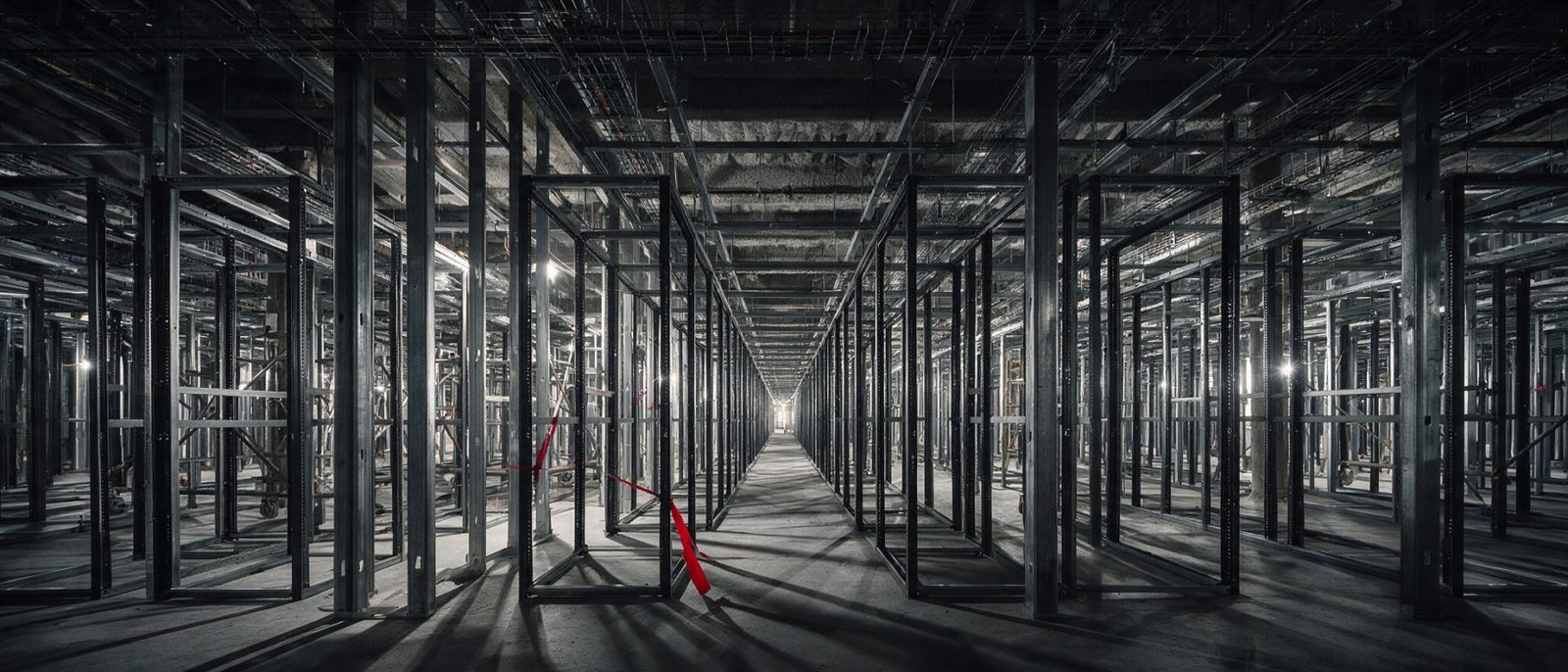 IT project management UAE - Datacenter under construction: bare structural steel, new empty rack frames being set out, cable containment overhead