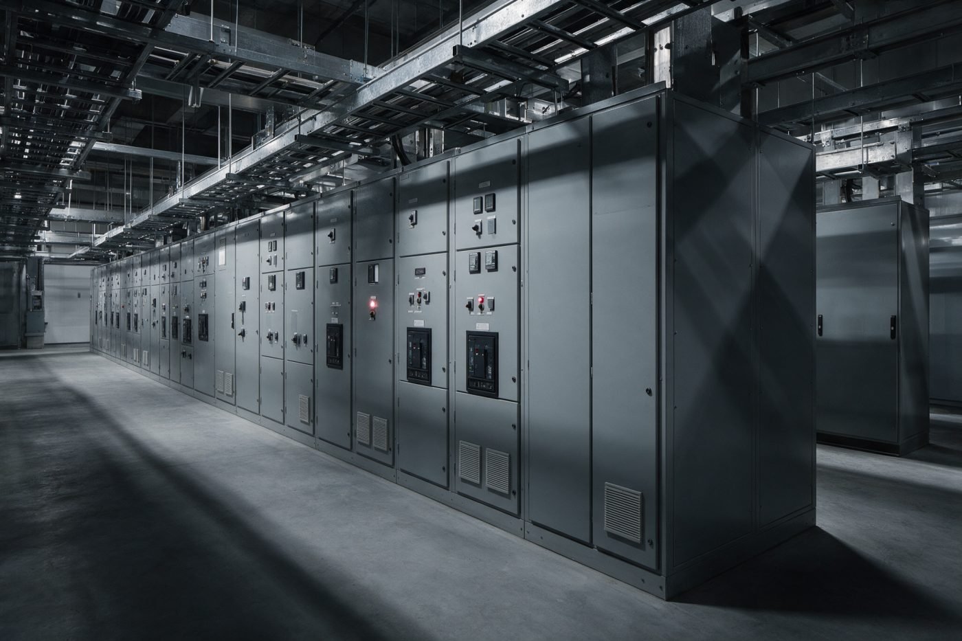 Row of switchgear and UPS cabinets in a datacenter electrical plant room, with heavy cable trays overhead