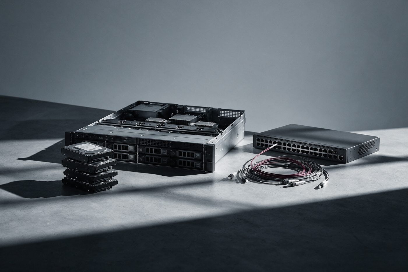 Enterprise rack hardware arranged as a still life: an open 2U server, enterprise drives, a network switch and a coil of fibre patch leads