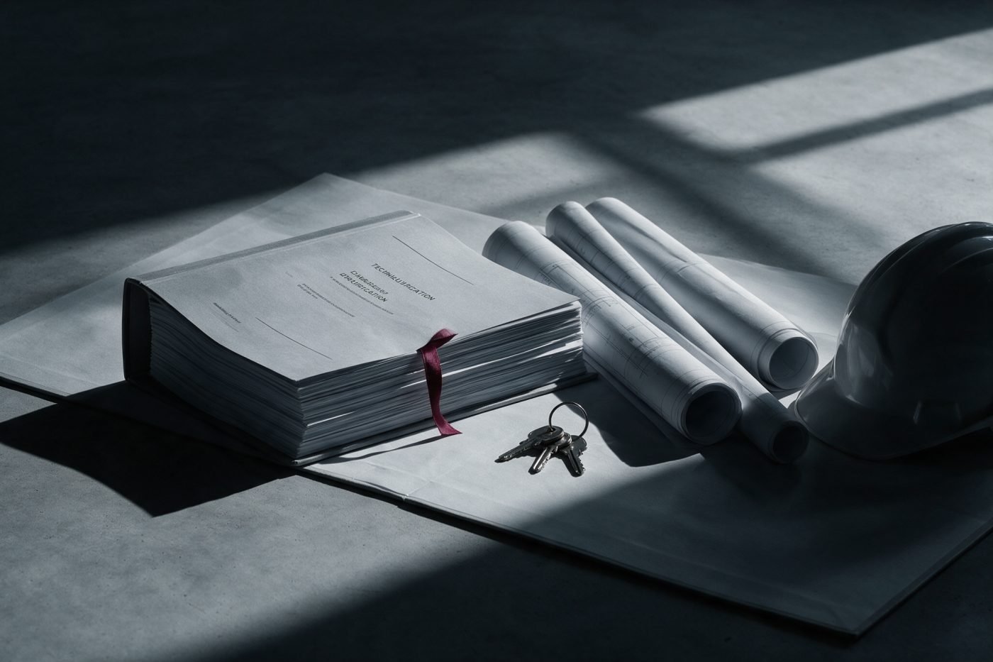 Overhead view of a site handover set: bound specification, rolled as-built drawings, keys and a hard hat