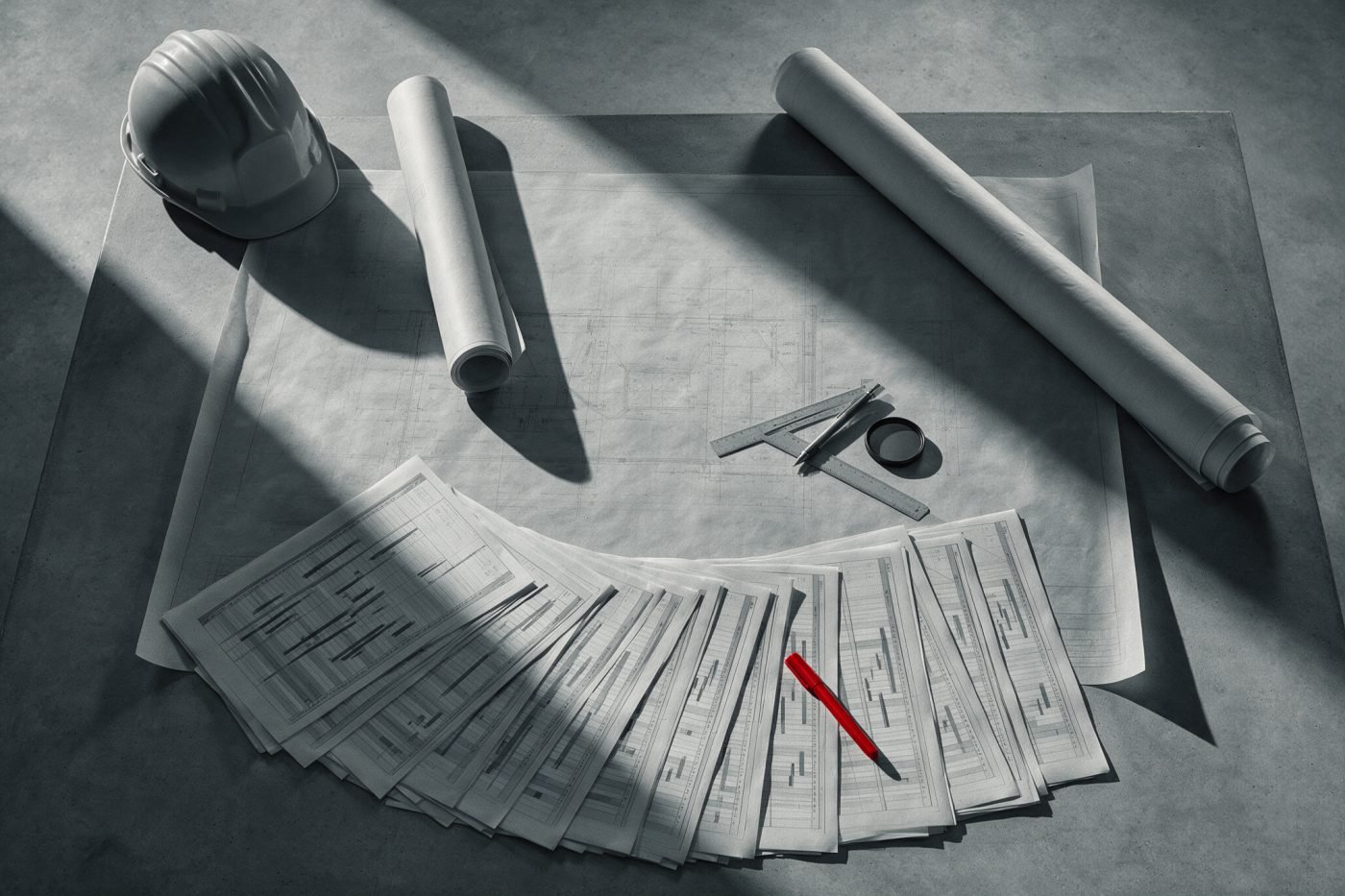 Overhead view of a project war-room table with rolled site drawings and schedule sheets