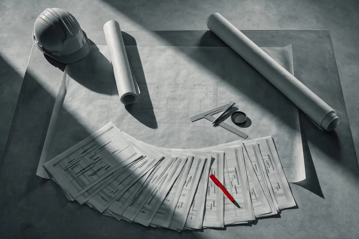 Overhead view of a project war-room table with rolled site drawings and schedule sheets