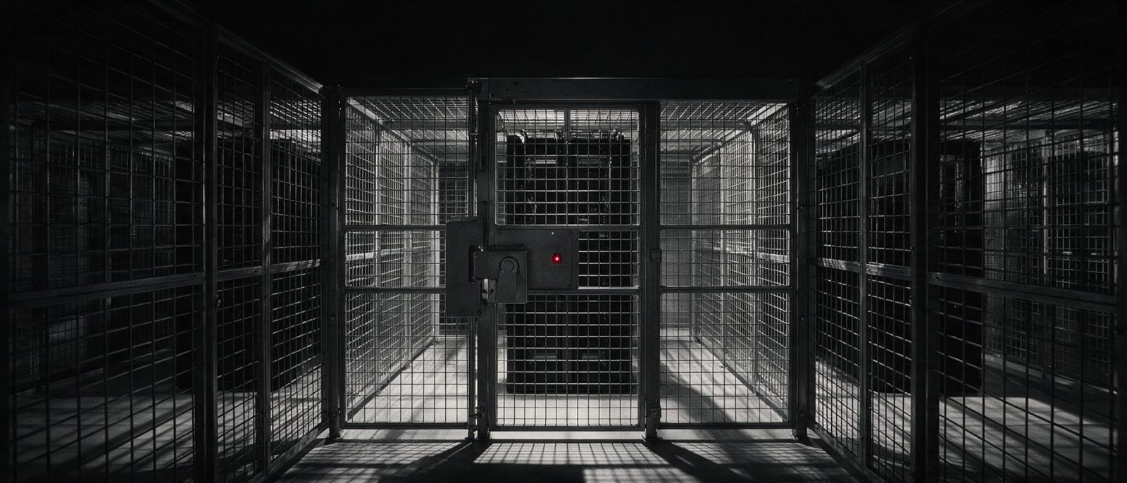 Information security UAE - Locked high-security server cage inside a datacenter, steel mesh throwing lattice shadows across the floor
