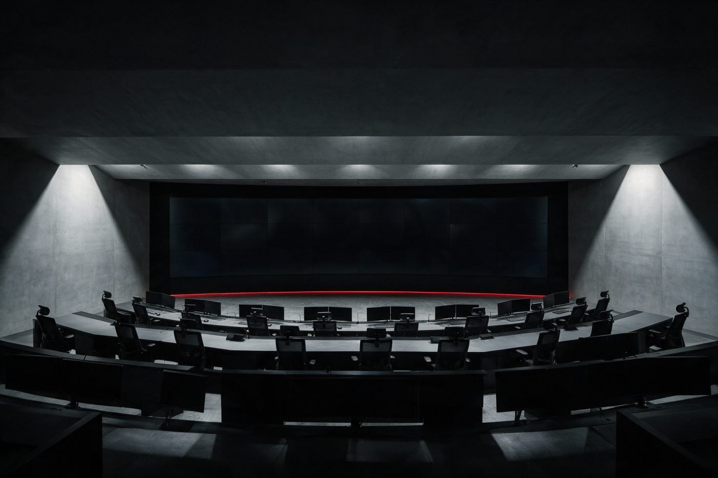 Empty security operations centre facing a dark video wall