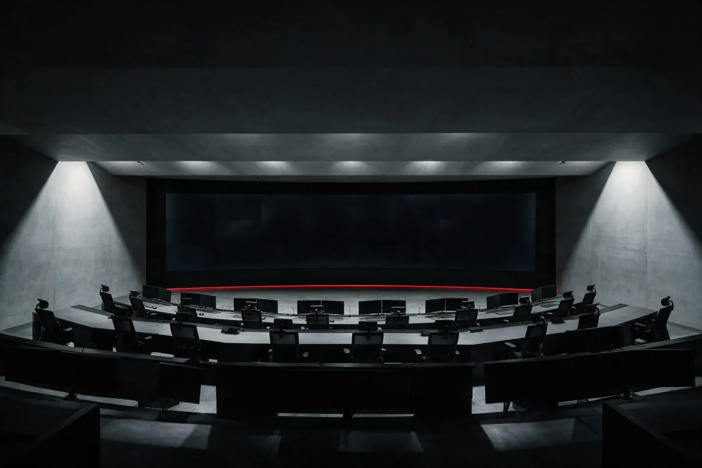 Empty security operations centre facing a dark video wall