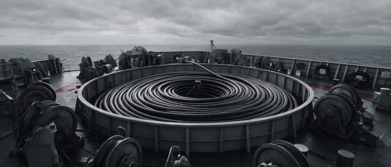 Wide area network UAE - Coiled submarine cable filling a circular deck tank on the stern of a cable-laying ship at sea